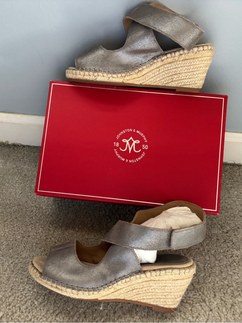 Johnston & Murphy Silver Metallic Espadrille Wedge Sandals